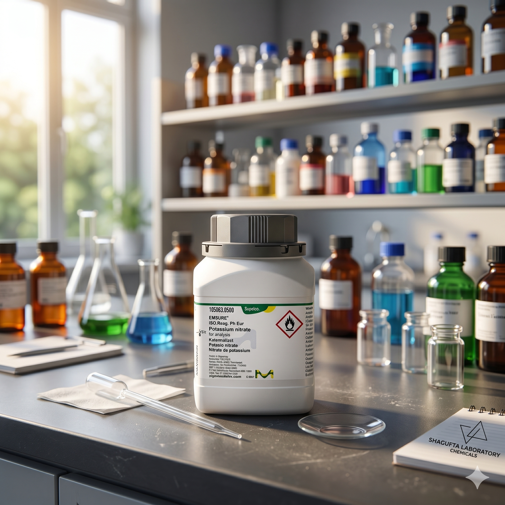 Potassium Nitrate (KNO3) EMSURE® Merck 105063 merupakan bahan kimia analytical grade berkualitas tinggi untuk kebutuhan laboratorium, penelitian, quality control, pendidikan, dan aplikasi industri. Produk memenuhi standar ISO Reag. Ph Eur sehingga cocok digunakan untuk analisis kimia, preparasi larutan, reagent laboratory, dan aplikasi ilmiah lainnya.
