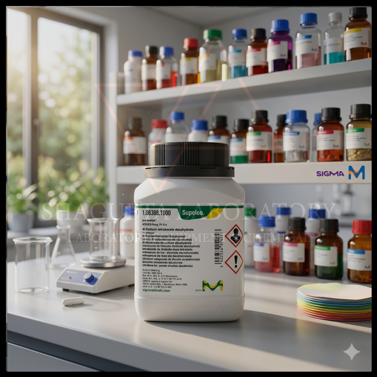 di-Sodium Tetraborate Decahydrate ACS ISO Reag. Ph Eur Supelco merupakan bahan kimia laboratorium analytical grade berkualitas tinggi untuk kebutuhan analisis, preparasi buffer, quality control (QC), penelitian, pendidikan, dan aplikasi industri laboratorium profesional.